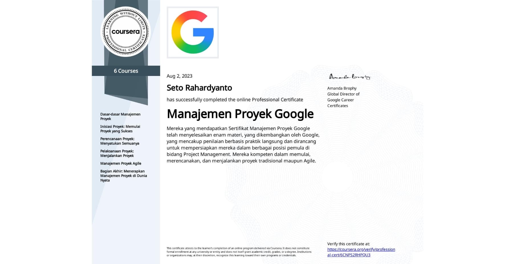 Google Project Management Specialization Certificate