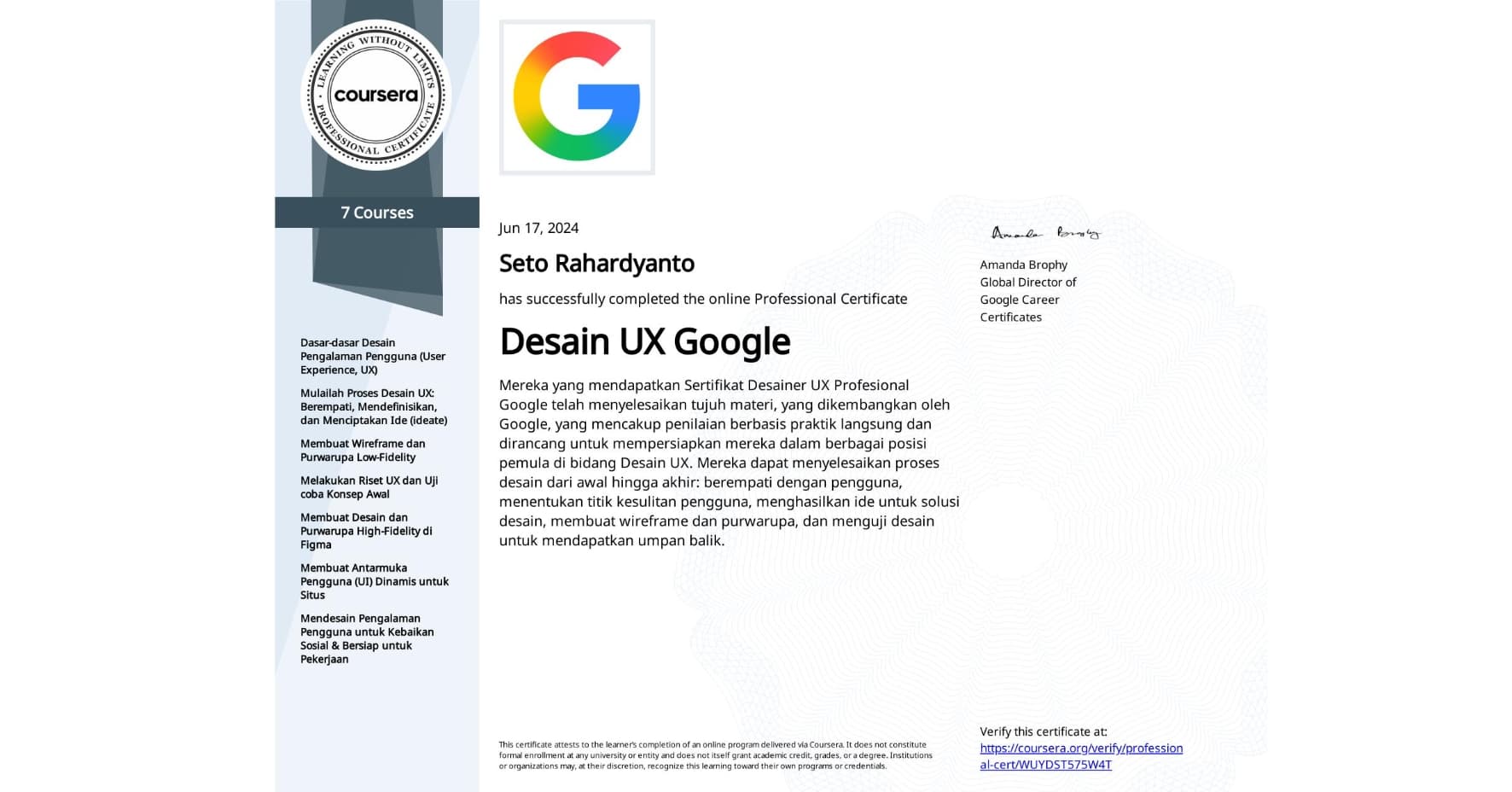 Google UX Design Specialization Certificate